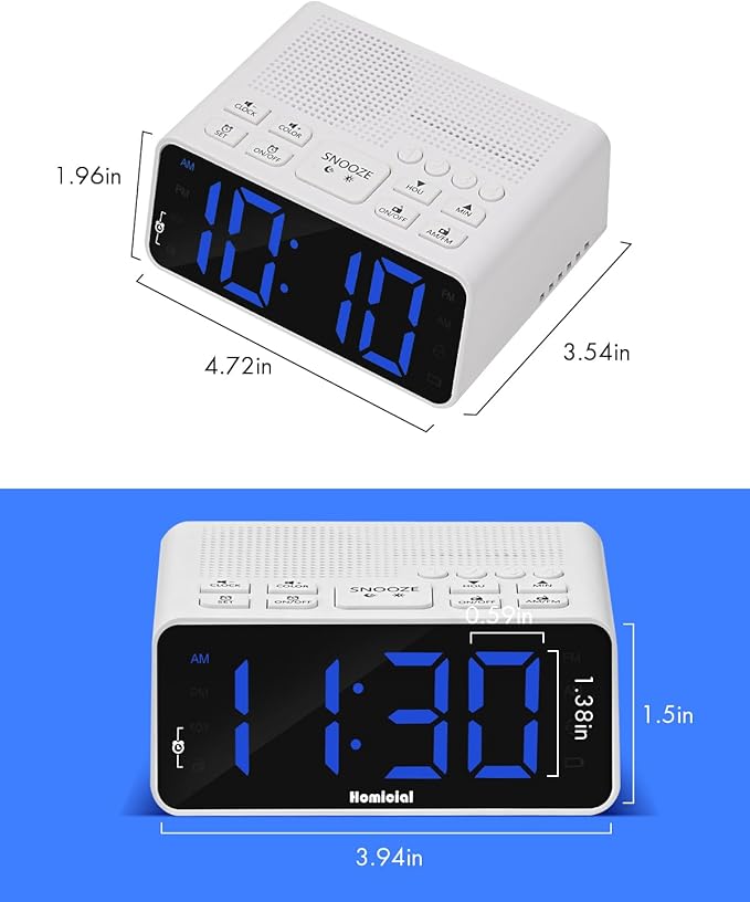 Homicial Digital Alarm Clock Radio with AM/FM Radio, Multi-Colors 1.4” LED Digits, Preset, Sleep Timer and Clear Display with Dimmer for Bedroom Bedside, Outlet Powered with Battery Backup (White)