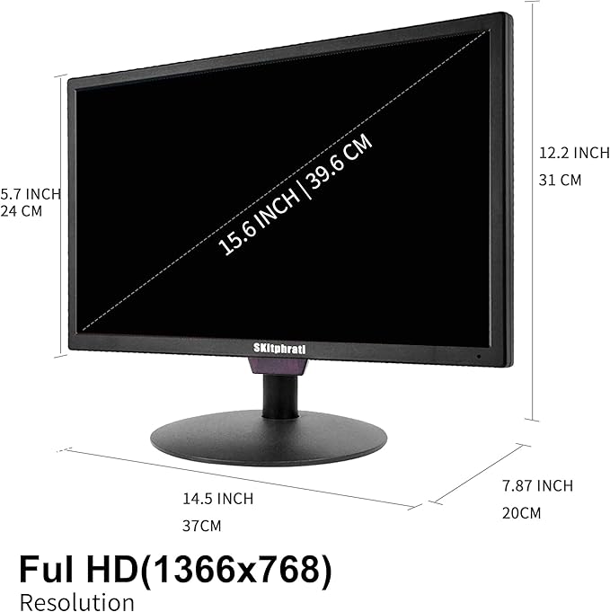 SKitphrati 15.6 Inch Small Computer PC Monitor, 1366x768 Video Screen With HDMI VGA BNC Ports, VESA Mounting, NVR/DVR for Home Office, Built-in Speakers