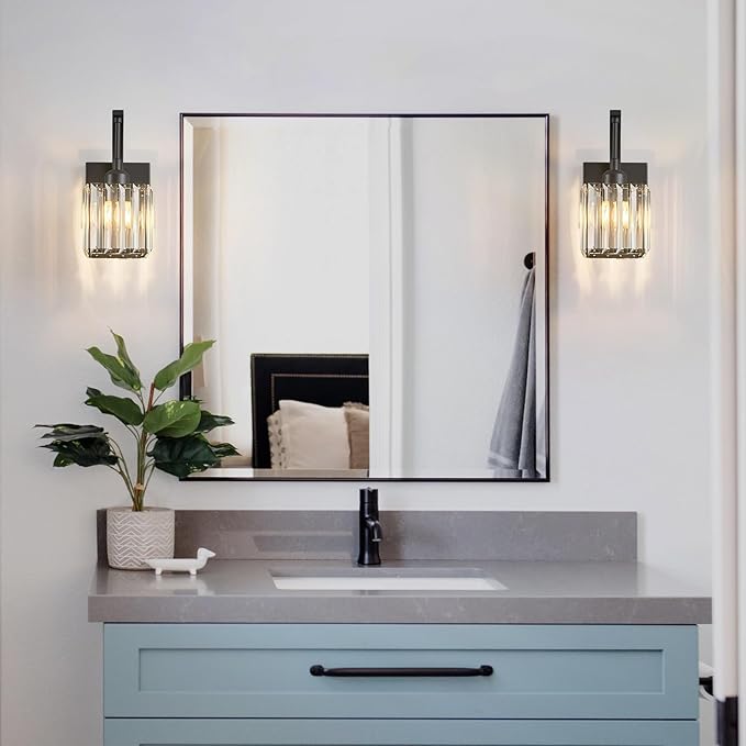 FDPBY Wall Sconces, Set of 2 Black Crystal Vanity Lights, Modern Wall Lamp for Bathroom, Hallway, and Makeup, Easy Installation
