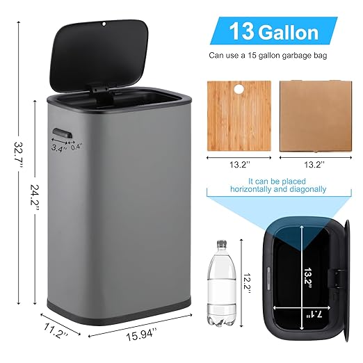 14.5 Gal/55L Trash Can with Lid, Automatic Touchless Garbage Can with Soft-Close Lid & Handle, Stainless Steel Waste Basket Motion Sensor Trash Can for Kitchen, Bathroom,Grey(No Inner Bucket)