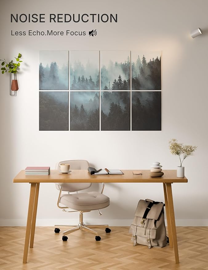 Wall Art Acoustic Panels,47''X31''Sound Absorbing Panels-8-Pack with 50 Adhesive Tabs, Panels for Living Room and Recording Studio, Offices-Foggy Nature Forest