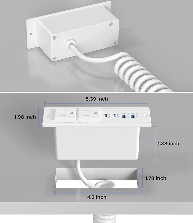 Recessed Power Strip USB C 65W Fast Charging Station,in Drawer Outlet,Furniture Flush Mount for Desktop,Workspace Essential Desk Outlet (White, 6FT)