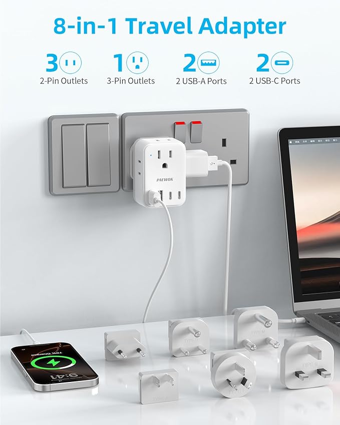 PAEWOK European Travel Plug Adapter Set, 8-in-1 Travel Adapter with 4 AC, 4 USB Ports (2 USB C), US to EU/UK Universal Adapter, International Power Adapter with Type C/G/A/I/D/M Detachable Plugs