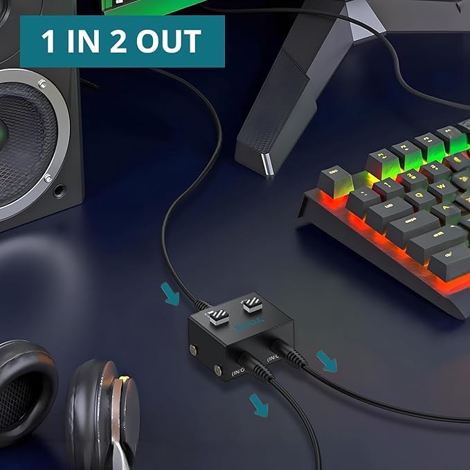 YGITK 3.5mm Audio Switch Bi-Directional, 2-in-1 & 1-in-2 Stereo Audio Switcher with Mute Button, No External Power Required, Includes 3.5mm Audio Cable, fo Speakers, PC, Phone, Laptop, Headphone