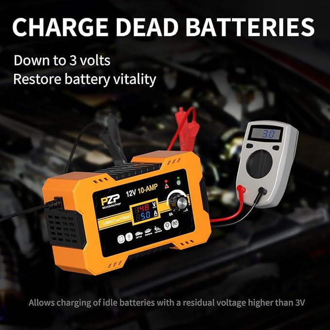 12V Automatic Car Battery Charger, 0-10A Arbitrarily Adjustable Smart Trickle Charger, Auto Desulfator with Battery Repair, Battery Maintainer with Winter Mode for AGM, Gel, Deep Cycle, Lead-Acid