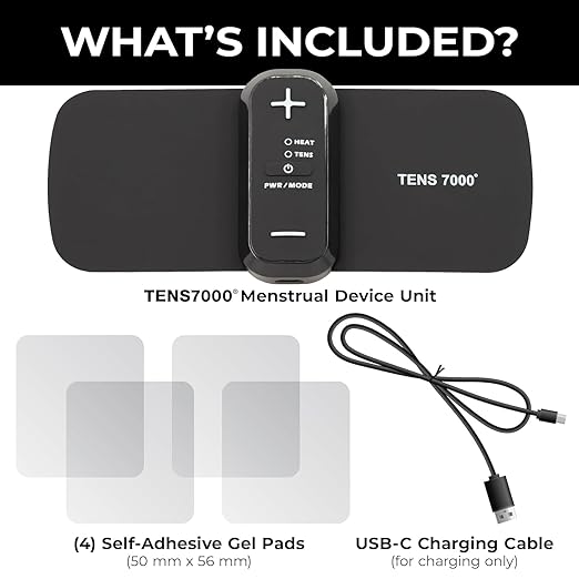 TENS 7000 Heat + TENS Unit for Menstrual Cramp Relief - Wearable Period Pain Device with Heat Therapy & 15 Intensity Levels, USB-C Rechargeable, Discreet & Portable