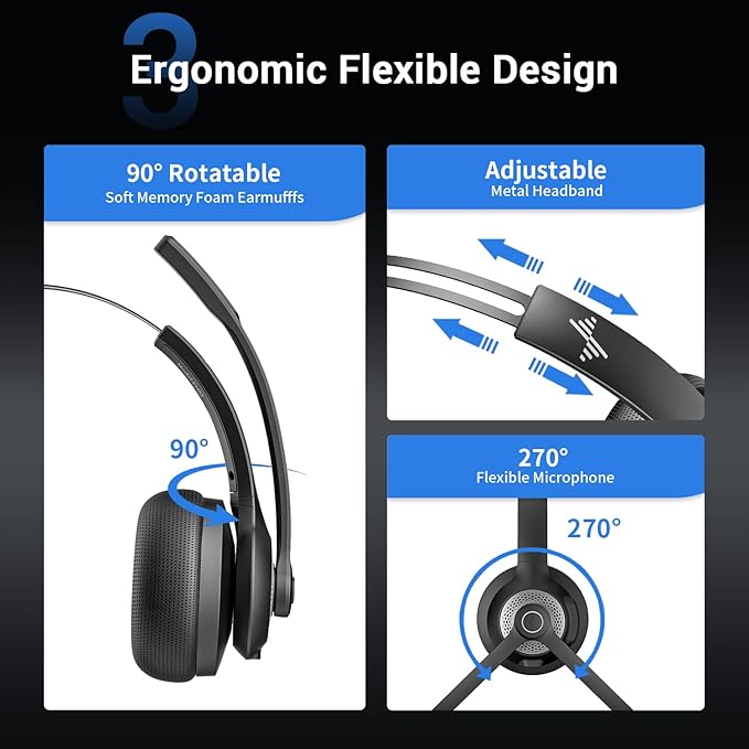 JIAMQISHI Bluetooth Headset - Wireless Headset with Noise Cancelling Microphone, V5.2 Computer Headphones with USB Dongle, Charging Base & Mic Mute for Work/Call Center/PC/Laptop/Online Class/Zoom