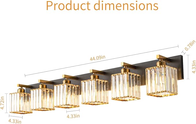 FDPBY Modern Bathroom Vanity Light 6-Lights Black Gold Crystal Bathroom Wall Light Vanity Light Fixtures，44.09-inch Modern Minimalist Design
