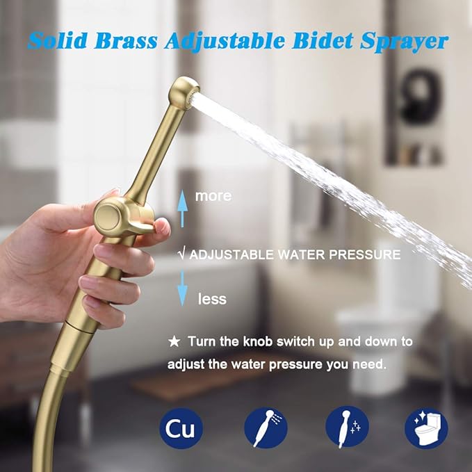 Handheld Bidet Toilet Sprayer, Brass Hand Held Bidet Attachment Cloth Diaper Toilet Sprayer with Backflow Preventer, Adjustable Water Jet Spray for Toilet with 7.9" Long Bidet Wand, Brushed Gold
