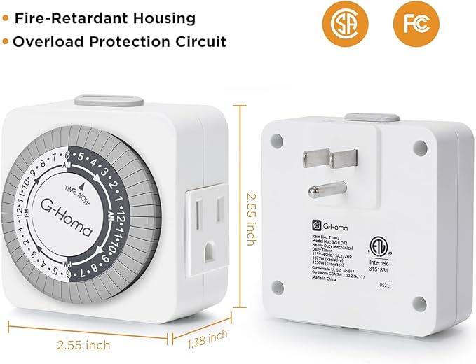 G-Homa Timers for Electrical Outlets, 24 Hour Indoor Plug-in Mechanical Timer Mini, 30 Minute Intervals, 3-Prong, Daily On/Off Cycle, for Lights, Lamps (2-Pack,ETL Listed) White