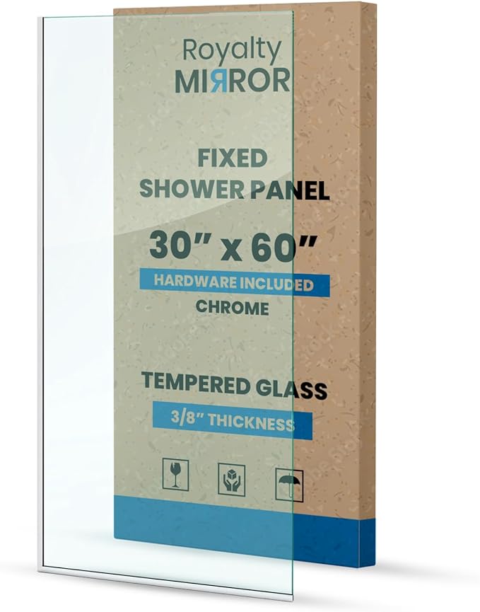 Royalty Fixed Shower Screen - 30" x 60" Frameless 3/8" Clear Tempered Glass Panel with Hardware - Easy Clean Smart Guard Coating - Minimalist Modern Design for Bathroom - Chrome