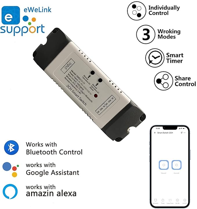 Newgoal 2 Channel EWelink Wireless Switch with Enclosure WiFi Switch Module Remote Control DIY Smart Home Bluetooth Relay 5V/AC85V-250V Power Input Compatible with Alexa Google Home