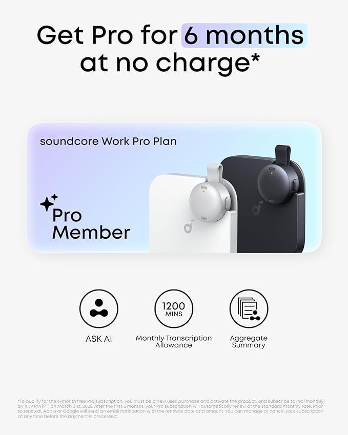 soundcore Work by Anker, Portable AI Voice Recorder, AI Note Taker, AI Transcription & Summarization, 6-Month Pro at No Charge, Cross-Meeting Summary, MFi Certified, Privacy Protection