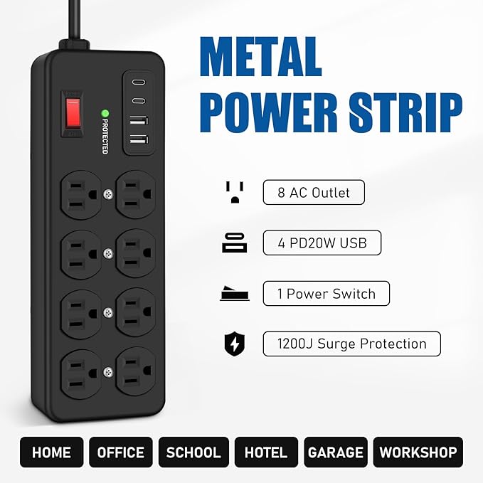 Heavy Duty Power Strip with USB,8 Outlet Workshop Metal Power Strip,PD20W USB C 15A 1200 Joules Surge Protection,Wide Spaced,10FT Cord
