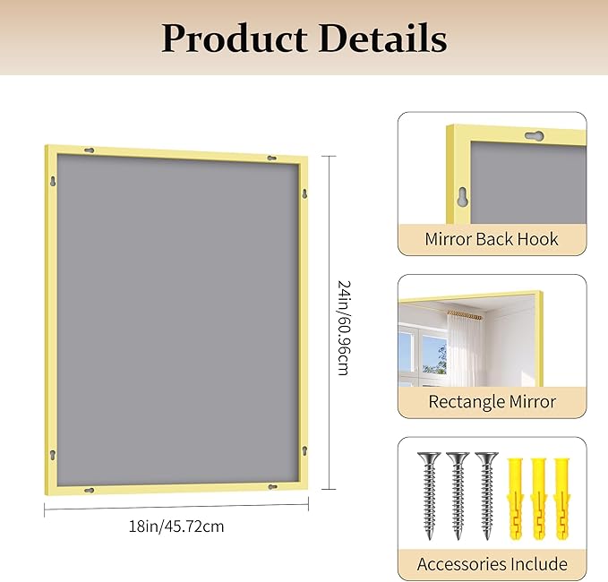 Gold Bathroom Mirror for Wall, 18x24 Inch Rectangle Mirror with Metal Frame, Modern Vanity Mirrors for Bathroom Living Room, Entryway Hangs Horizontal or Vertical