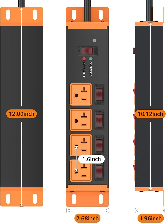 CCCEI Heavy Duty Surge Protector Power Strip 20 Amp Individual Switches. 10FT 12 Gauge Extension Cord with Multiple Outlets. Kitchen, Garage, Shop, Industrial Wall Mount Electric Extender, Orange.