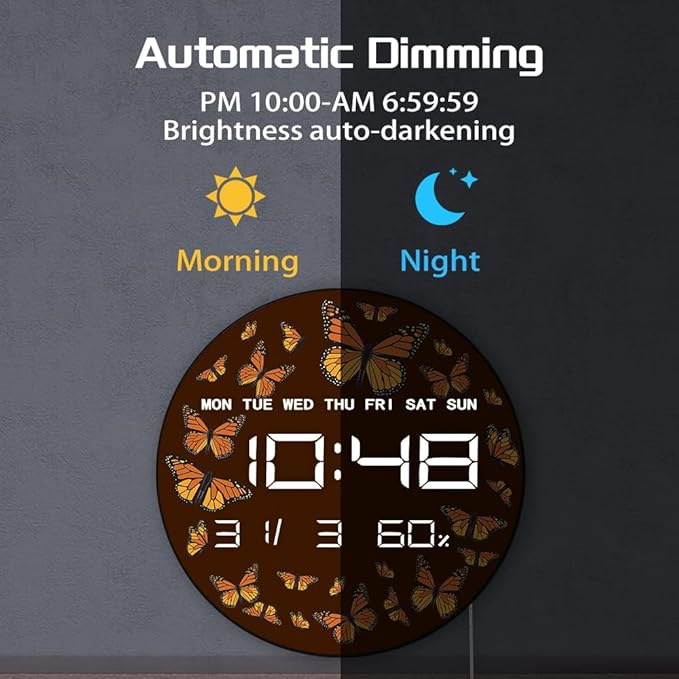 Timethink 12 Inch Butterfly Digital Wall Clock Large Display, Monarch Butterflies Entomology Nature Insect Electric Wall Clock with Temperature, Smart Dimming, Date, 12/24hr, Plug in LED for Kitchen