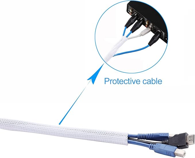 QCSIW 3/8"-50ft Braided Cable Sleeve Protector - Self-Wrapping Split Wire Loom for TV, Computer, Home Theater, Engine Bay - Heavy-Duty Cord Organizer, White