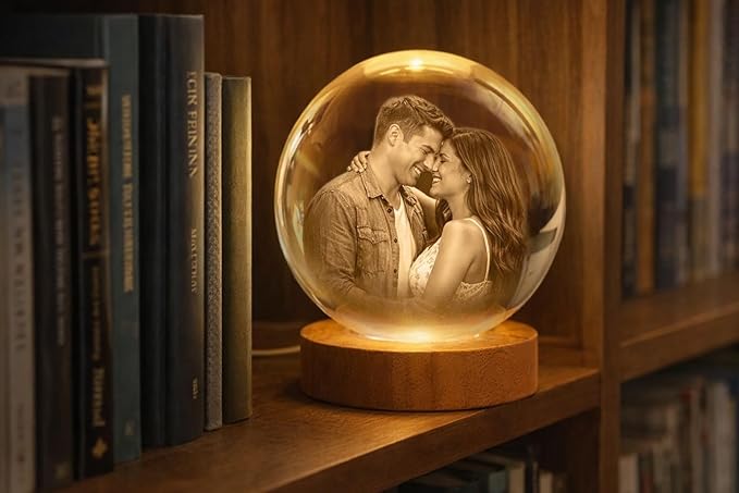 Herihues Personalized 3D Photo Crystal Ball, Custom Engraved Picture Lamp with Wood Base, Night Light for Couples, Gifts for Him Her Valentines Day, Anniversary, Personalized Gifts for Husband, Wife