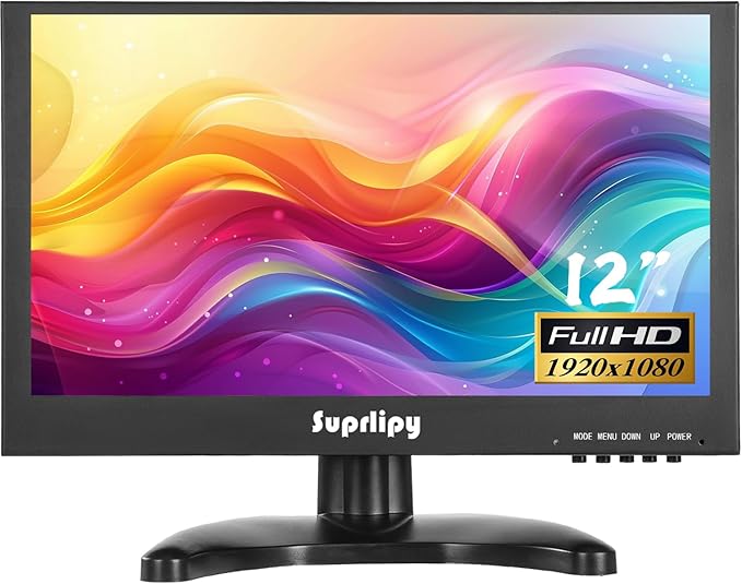 Suprlipy 12 Inch Mini Small HDMI Monitor 1920x1080 16:9 IPS Metal Housing LCD Display Screen Support HDMI/VGA/AV/BNC Input Built-in LounSpeakers for PC CCTV Security Camera RasPi