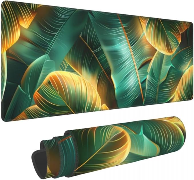 CANFLASHION Desk Pad,Office Desk Mat 31.5"×11.8" Large Gaming Mouse Pad,Durable Extended Computer Mouse Pad,Waterproof Thick Big Mouse Pads with Non-Slip Rubber Base Office Home Gold Green Palm Leaves