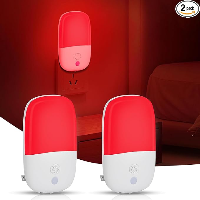 670nm Red Light Night Light for Sleep Therapy, 2 Pack Auto On/Off Dimmable Night Light with Dusk to Dawn Sensor, LED Night Lights Plug into Wall Promote Melatonin Natural Sleep for Baby Kid Adult Room