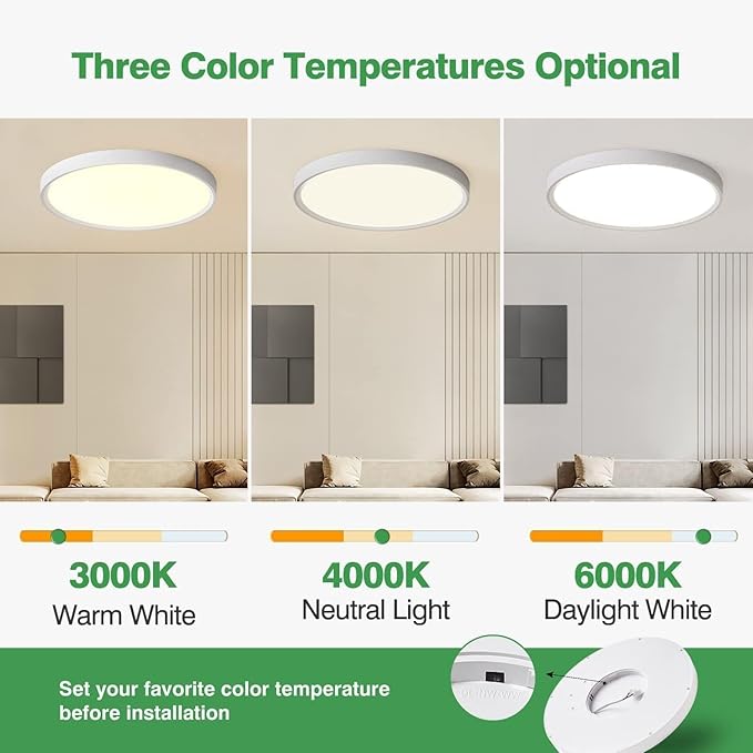 6PK 15.8 Inch LED Flush Mount Ceiling Light, 32W, 3480LM, 3000K/4000K/6000K CCT Selectable, Round Flat Panel Light Low Profile Ceiling Light Fitures for Hallway, Kitchen, Bedroom, Laundry Room, White