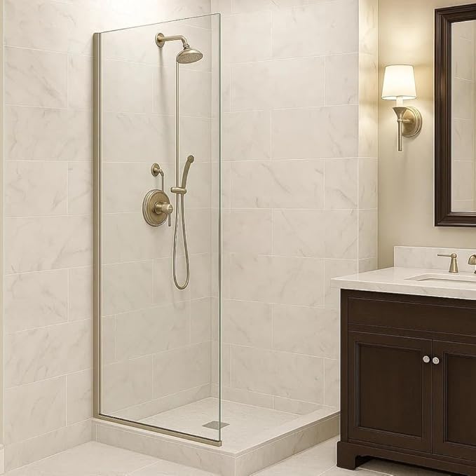 Yana Frameless Shower Door Screen, Fixed Shower Door Panels 3/8" Thick Tempered Glass, Water Repellent, Reversible Shower Wall Panel with Brushed Nickel Finish 24" x 60"