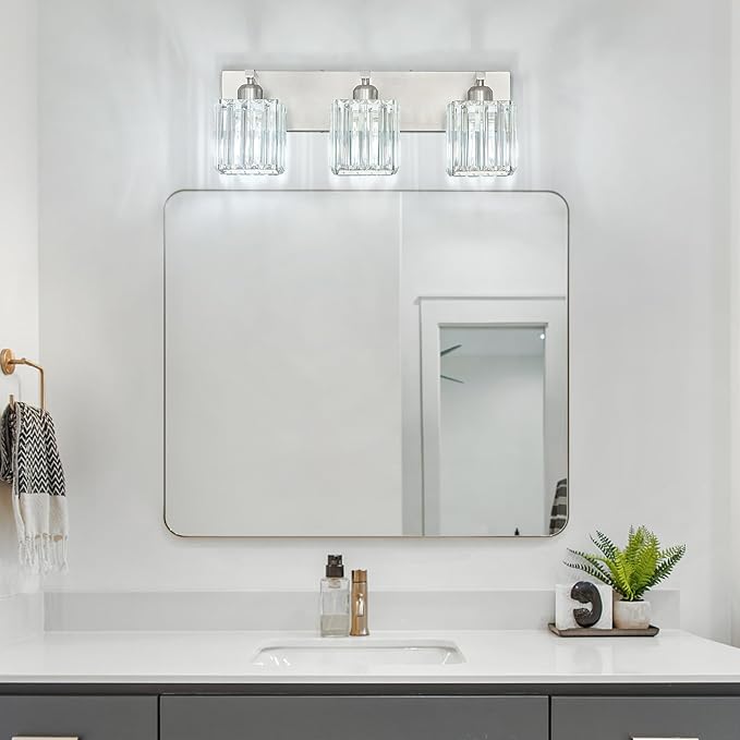 FDPBY Modern Vanity Light 3-Lights Brushed Nickel Vanity Light Crystal Bathroom Wall Light Bathroom Light Fixtures