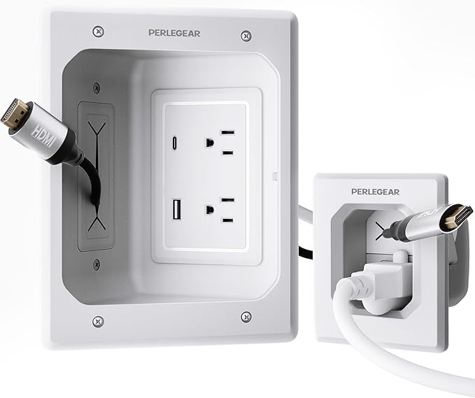Perlegear TV in-Wall Cable Management Kit, USB and Typ C Ports Cord Hider for Wall Mount TV with Recessed Power, Includes Drill Templates, Dust Bags, Drywall Saw, Extension Cable