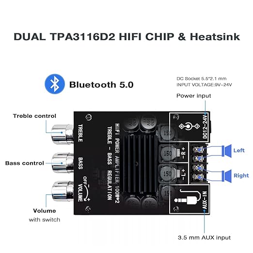 Hosyond ZK-1002T 100W+100W Bluetooth Amplifier Board with Treble and Bass Control 2.0 Channel Stereo Bluetooth AMP Board for DIY Speakers Home Theater