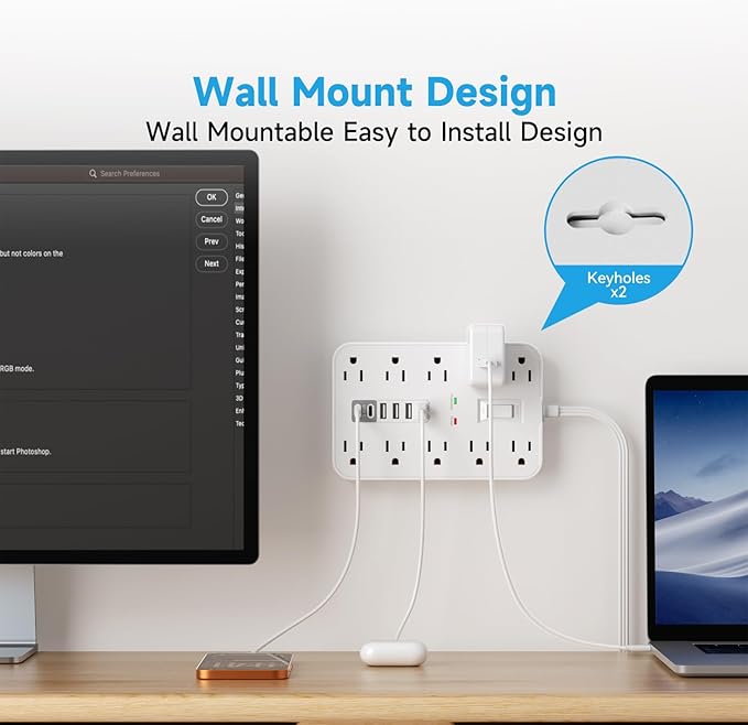 Flat Extension Cord with USB and USBC Ports, 5FT Extension Cord with 10 AC Outlet 6 USB, 1 Switch & 2 LED Indicator, USB Charging Station for Multiple Devices, for Home, Office, Dorm Essentials