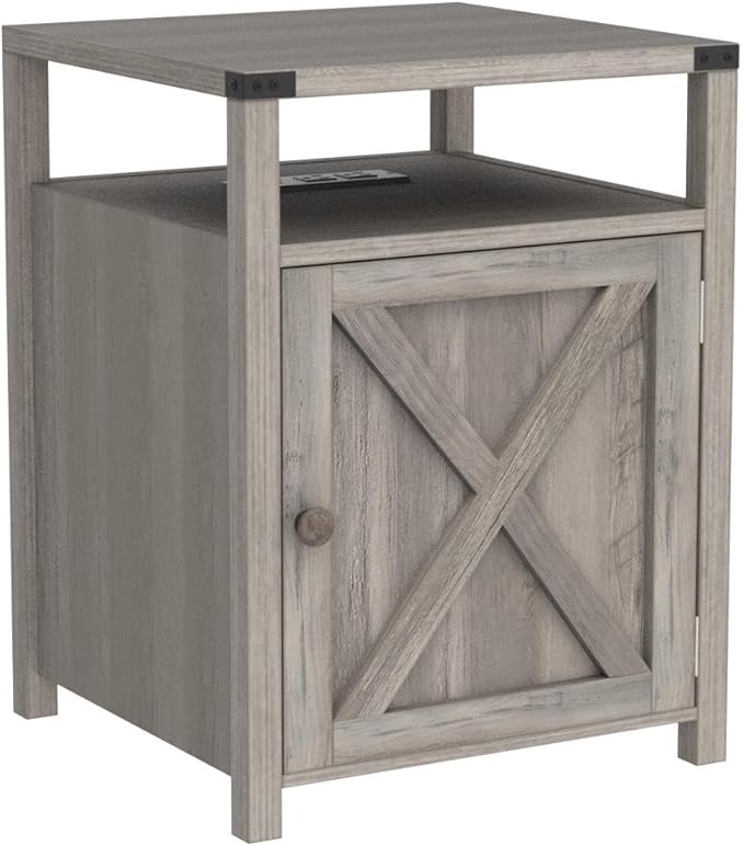 HOSEOKA Farmhouse Nightstand with Charging Station, Rustic End Table Bedroom with Storage Living Room Side Table Grey Night Stand Industrial Bedside Bed Table with USB Ports and Outlets