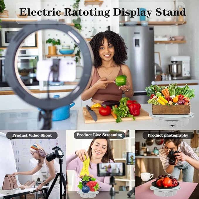 JAYEGT 3 in 1 Rotating Display Stand with 5.74/7.08/8.66 inch Replacement Mirror Cover，22lbs Load , 360 Degree Electronic Turntable for Photography Products Display (Mirror/3 in1 / White/ NO Remote)