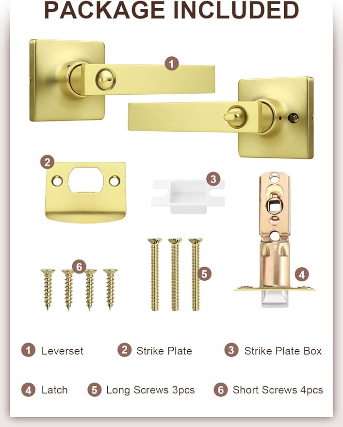 Mengico 5 Pack Gold Privacy Lever Door Handle Interior with Lock, Heavy Duty Square Door Lock for Bed/Bath, Keyless Door Locksets, Reversible for Left Right Handed Doors
