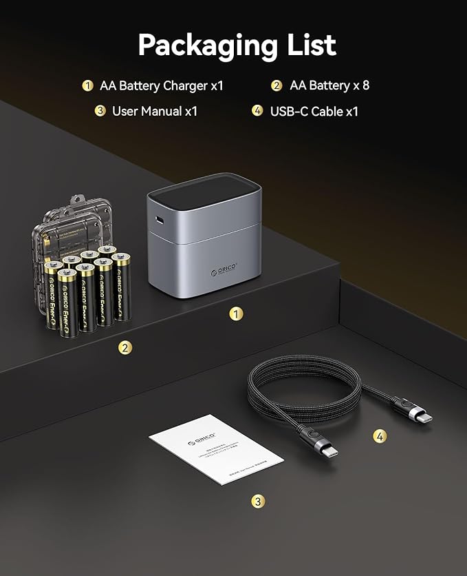 ORICO Rechargeable AA Lithium Batteries with Charger(8 Pack, 1.5V), Recharge up to 1500+ Cycles, 2.5H Fast Charger, Li-Ion Batteries Suitable for Remote Control, Electronic Toys -LEV8