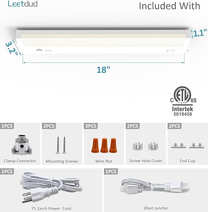 Leetdud Under Cabinet Lighting Plug in or Hardwired Built-in Dimmer, 18 Inch 9W, 5CCT 2700/3000/3500/4000/5000K, Linkable Counter Lights for Kitchen, ETL Dimmable LED Light Fixture, White