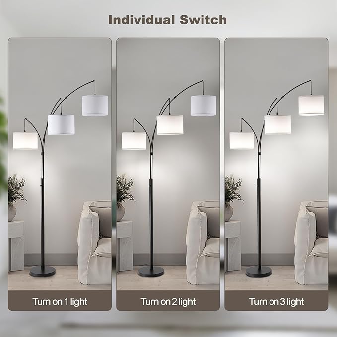 Fansdrick Floor lamp with Remote, 3 Light Arc Floor Lamps for Living Room, 2400LM Tall Standing Floor Lamps with White Shades, 80" Large Floor Lamp for Bedroom, Office