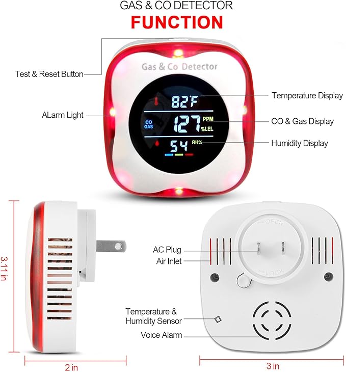 Combustible Gas & Carbon Monoxide Detector 4-in-1 Alarm with Temp/Humidity Sensor – Plug-in CO/Gas Leak Detector for Home, RV, Apartment Safety (Explosive Gas & CO Detection) (CO&Gas, 1-Pack)