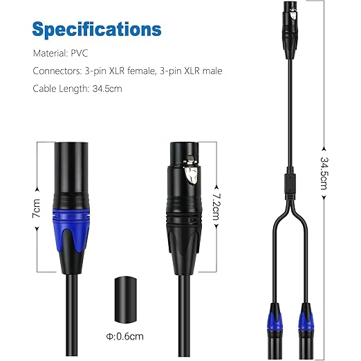 LanSenSu XLR Female to 2 XLR Male Patch Y Cable, Balanced Microphone Splitter Cord, Audio Adaptor, 11.8 Inches (2Pack)