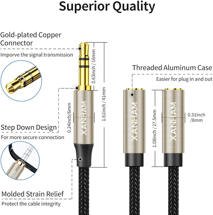 XANHAM 3.5mm Audio Stereo Y Splitter TRS Aux 1/8 Inch Mini Jack Extension 1 in 2 Out Adapter Cable for Headphone Audio Sharing Compatible with iPhone, iPad, iPod, Smartphone, Tablet, Laptop/PC, etc