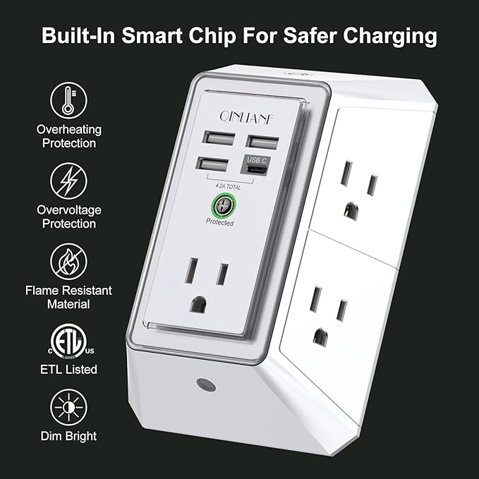 3-Sided Outlet Extender with Night Light - QINLIANF Multi Plug Outlet with 5 Outlets and 4 USB Ports(1 USB-C), USB Wall Charger for Home, Office, Travel, ETL Listed, White