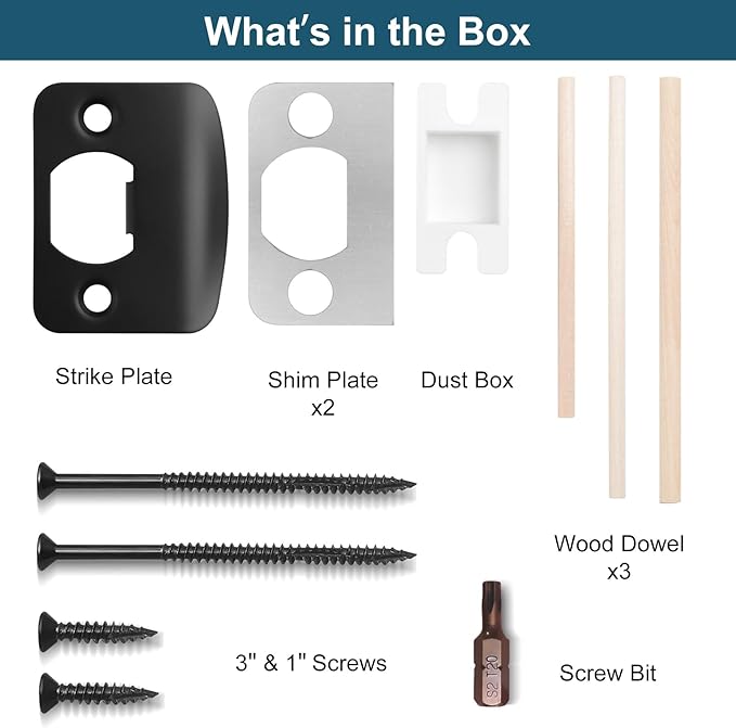 MOSECYOU Standard Door Strike Plate with Reinforced 3" & 1" Torx/Star Screws, Striker Restorer Kit with Spacer Shim Plates, T20 Screw Bit, Wood Dowels (Black, 1 Pack)