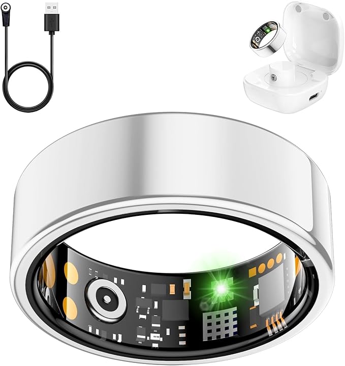 Smart Health Ring for Women Men, Fitness Tracker Ring with Heart Rate, Blood Oxygen, Sleep Tracker, Step Tracker, No Subscription Fee, IP68 Waterproof Smart Ring for iphone & Android (Silver, 8#)