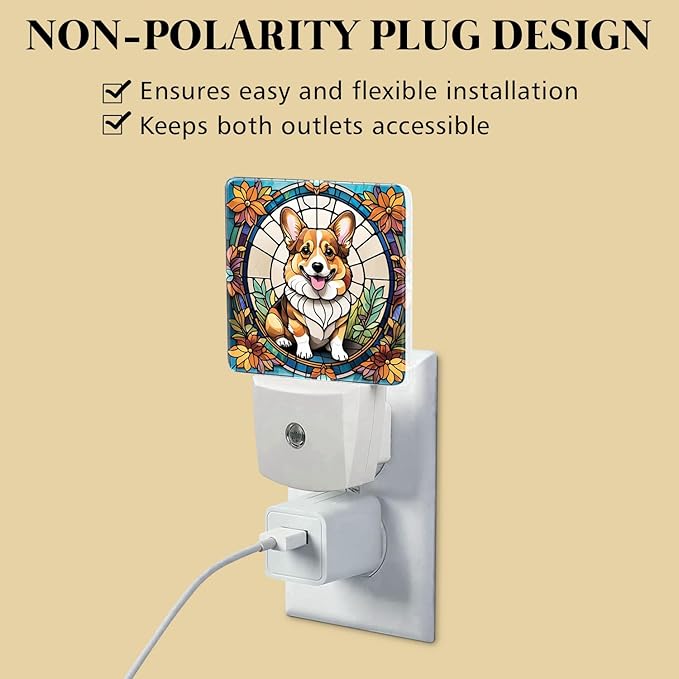 PODMemory Corgi Stained Glass Night Lights Plug into Wall for Room, Corgi Night Light LED for Bedroom