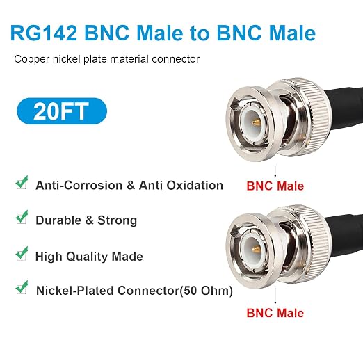 MOOKEERF RG142 BNC Male to BNC Male Coaxial Cable 20FT 50 ohm Ultra Low Loss - Image 2