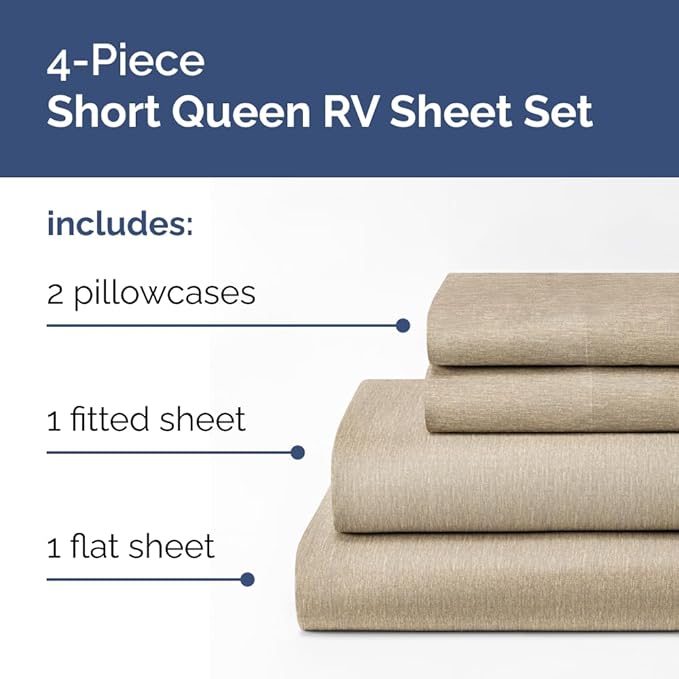RV Short Queen Sheet Set 60 X 75 - 4 Piece RV Short Queen Bed Sheets - Soft, Breathable & Cooling - Designed for Bunks, Trailers & Campers - Fits 8” to 12" Mattress - Luxury Bedding - Heathered Beige