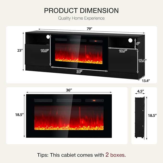 YISUFO 80” TV Stand with 36” Electric Fireplace, Large Modern Media Entertainment Center with Storage Cabinet and 12 Colors LED Lights for TVs Up to 90",All Black