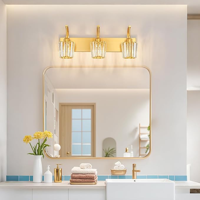 FDPBY Modern Bathroom Vanity Light, 3-Light Gold Wall Sconce with Crystal Accents, Over Mirror Bathroom Lighting Fixture, 23.62" Long Dimmable Vanity Lamp for Makeup, Easy Installation