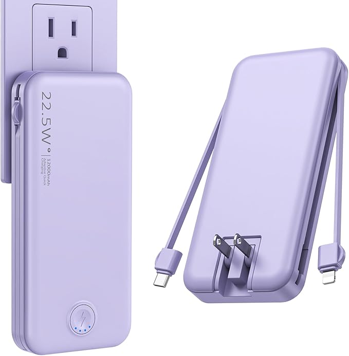 Nusyddy Portable Charger, 12000mAh 22.5W Fast Charging Power Bank with Built-in Cables & Wall Plug, Travel Essential External Battery Pack, USB C Battery Phone Charger for iPhone, iPad, Samsung Purple